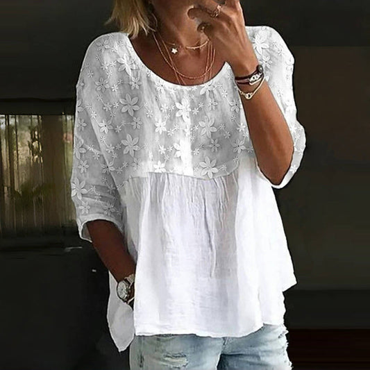 Leia™ | Elegant blus med blomster och patchwork